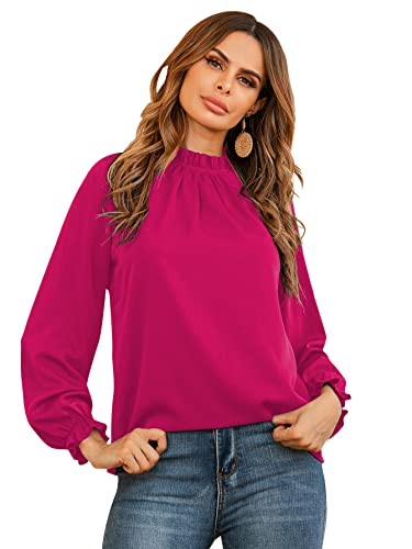 LYANER Damen Rüschen Stehkragen Volant Langarm Solid Bluse Office Shirt Top, Rose, Klein von LYANER