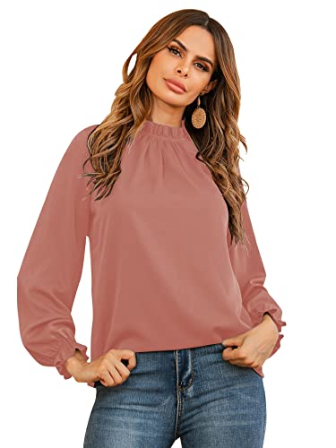 LYANER Damen Rüschen Stehkragen Volant Langarm Solid Bluse Office Shirt Top, rosa - dusty pink, X-Groß von LYANER