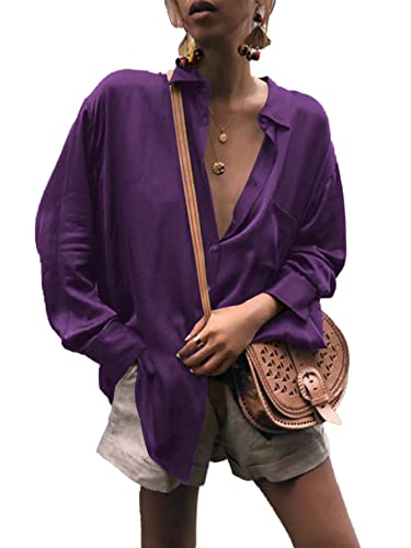 LYANER Damen Satin Kragen Hals Button Down Langarm Bluse Shirt Tunika Top, Dunkles Violett, X-Large von LYANER