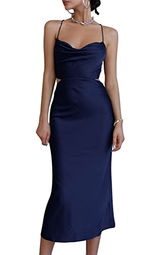 LYANER Damen Satin Schalkragen Träger Slip Sexy Cut Out Cocktail Midi Kleid, marineblau, Mittel von LYANER