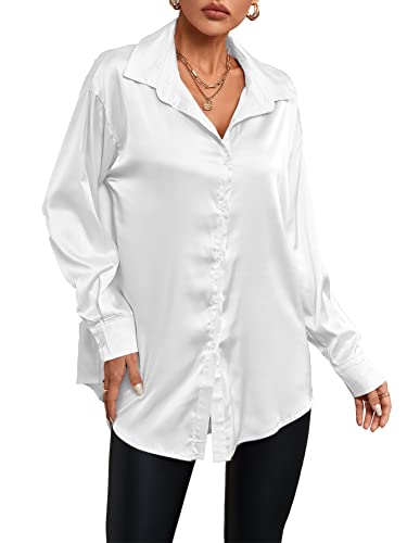 LYANER Damen Satin Seide Kragen V Ausschnitt Knopfleiste Langarm Bluse Shirt Top, Weiß, Mittel von LYANER