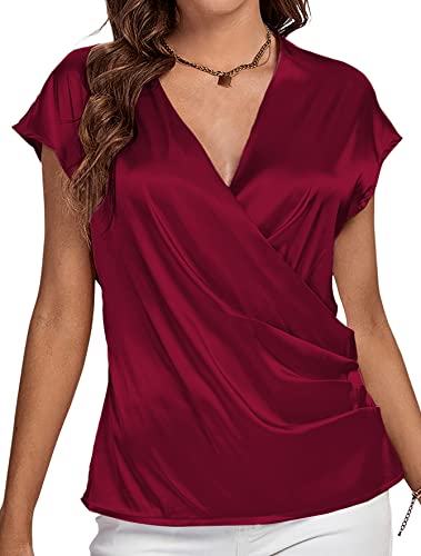 LYANER Damen Satin Seide Wrap V Ausschnitt Flügelärmel Elegant Arbeitskleidung Bluse Shirt Top, Weinrot, XX-Large von LYANER