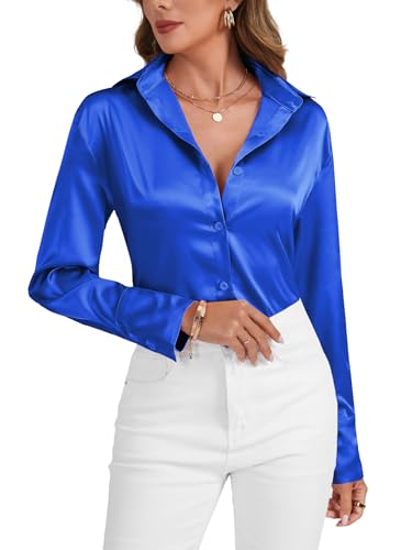 LYANER Damen Satin Seidig Kragen Knöpfe Down Langarm Arbeitsbluse Shirt Top, Königsblau, X-Klein von LYANER