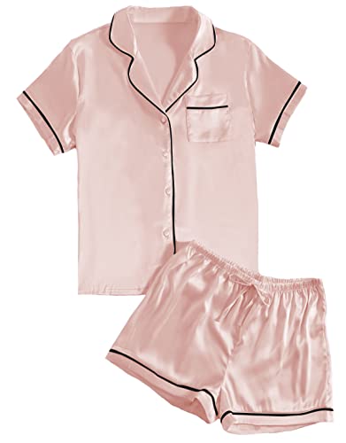 LYANER Damen Satin Seidig Kurzarm Knopf Hemd Nachtwäsche 2 Stück Pyjama Set, hellrosa Farbe, S von LYANER