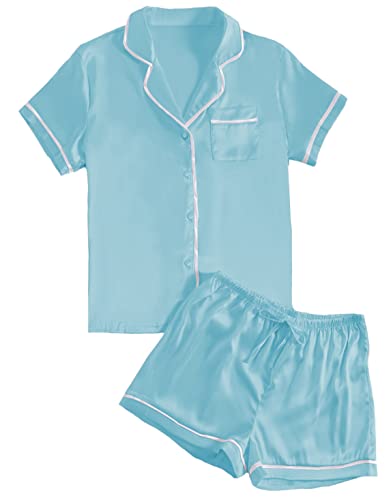 LYANER Damen Satin Seidig Kurzarm Knopf Hemd Nachtwäsche 2 Stück Pyjama Set, neonblau, M von LYANER