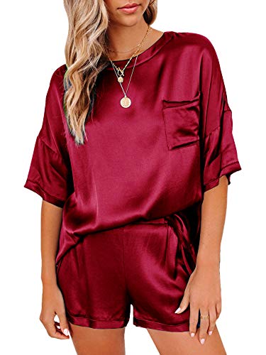 LYANER Damen Satin Seidig Pyjama Set Kurzarm T-Shirt mit Shorts Set PJ Loungewear, Weinrot, S von LYANER