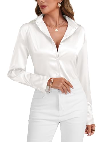 LYANER Damen Satin Seidiger Kragen Knöpfe Down Langarm Arbeit Bluse Shirt Top, Weiss/opulenter Garten, X-Groß von LYANER