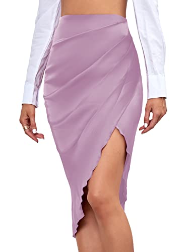 LYANER Damen Satin Skily Asymmetrisch Split Schlitz Geraffte Hohe Taille Bodycon Midi Rock, Helles Violett, Mittel von LYANER