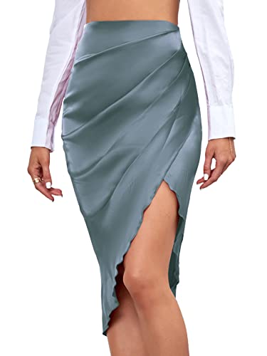 LYANER Damen Satin Skily Asymmetrisch Split Schlitz Ruched High Waist Bodycon Midi Rock, dusty blue, Klein von LYANER