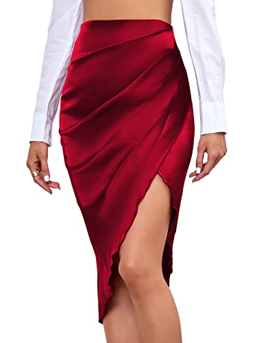 LYANER Damen Satin Skily Asymmetrischer Split Schlitz geraffte hohe Taille Bodycon Midirock, burgunderfarben, Groß von LYANER