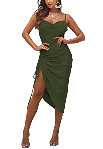 LYANER Damen Satin Spaghettiträger Wasserfallkragen Sexy Ruch Cocktail Midi Kleider, Garten Grün, X-Groß von LYANER