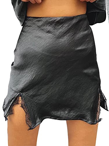 LYANER Damen Satin Spitzenbesatz Split Schlitz Saum Reißverschluss Hohe Wasit Mini Kurz Rock - Schwarz - Mittel von LYANER