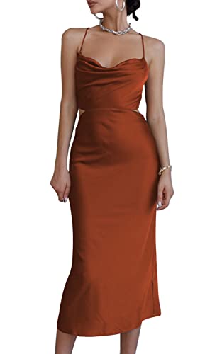 LYANER Damen Satin Wasserfallkragen Träger Slip Sexy Cut Out Cocktail Midi Kleid, Braun massiv, Mittel von LYANER