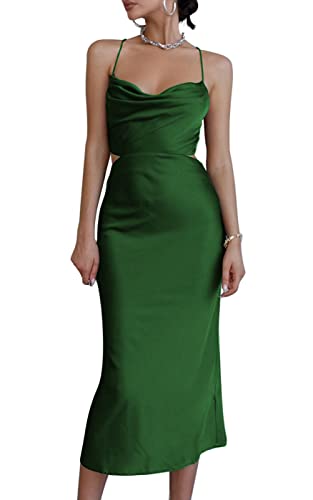 LYANER Damen Satin Wasserfallkragen Träger Slip Sexy Cut Out Cocktail Midi Kleid, Dunkelgrün, Klein von LYANER