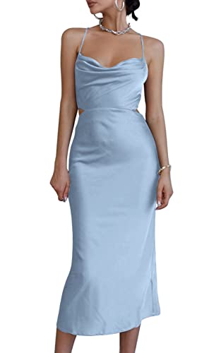 LYANER Damen Satin Wasserfallkragen Träger Slip Sexy Cut Out Cocktail Midi Kleid, Hell, blau, Groß von LYANER