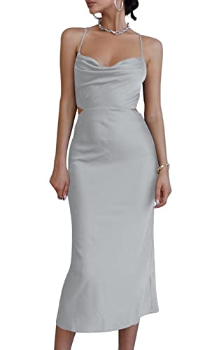 LYANER Damen Satin Wasserfallkragen Träger Slip Sexy Cut Out Cocktail Midi Kleid, silber, Mittel von LYANER