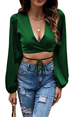 LYANER Damen Satin Wrap V Ausschnitt Criss Cross Tie Langarm Crop Bluse Top, Grün , X-Klein von LYANER