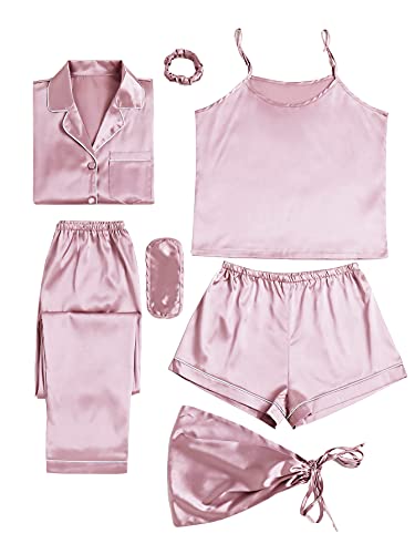 LYANER Damen-Schlafanzug-Set, 7-teilig, Seiden-Satin, Nachtwäsche, Loungewear, Cami-Shirt, Pyjama-Set, Babyrosa, L von LYANER