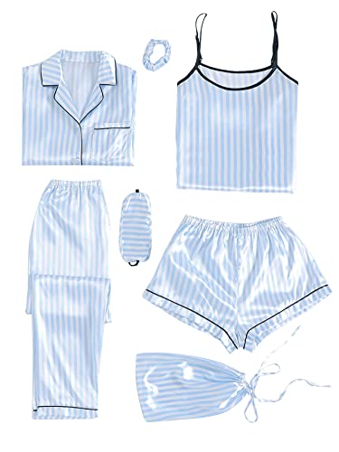 LYANER Damen-Schlafanzug-Set, 7-teilig, Seiden-Satin, Nachtwäsche, Loungewear, Cami-Shirt, Pyjama-Set, Blau gestreift, L von LYANER