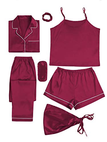 LYANER Damen-Schlafanzug-Set, 7-teilig, Seiden-Satin, Nachtwäsche, Loungewear, Cami-Shirt, Pyjama-Set, Burgunder, S von LYANER