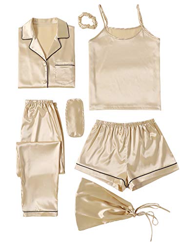 LYANER Damen-Schlafanzug-Set, 7-teilig, Seiden-Satin, Nachtwäsche, Loungewear, Cami-Shirt, Pyjama-Set, Champagner, XS von LYANER