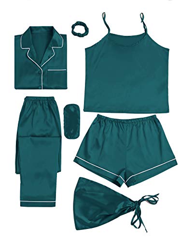 LYANER Damen-Schlafanzug-Set, 7-teilig, Seiden-Satin, Nachtwäsche, Loungewear, Cami-Shirt, Pyjama-Set, Dunkelgrün, S von LYANER