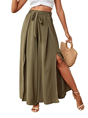 LYANER Damen Schnürung vorne hohe Taille Seitenschlitz Flowy Wide Leg Plissee Hose mit Gürtel, olivgrün, M von LYANER