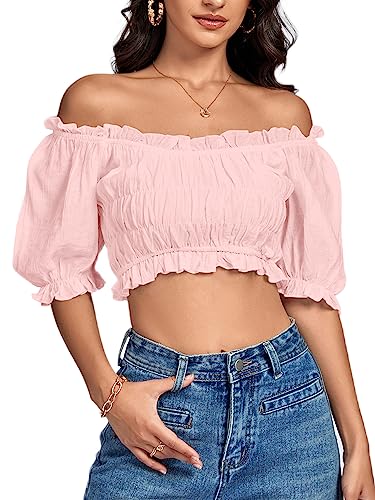 LYANER Damen Schulterfrei Rüschen Trim Geraffte Kurzarm Bluse Crop Top, Helles Pink, X-Groß von LYANER