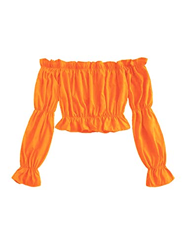 LYANER Damen Schulterfrei Rüschen Trim Puff Langarm Tube Crop Bluse Shirt Top - Orange - Groß von LYANER