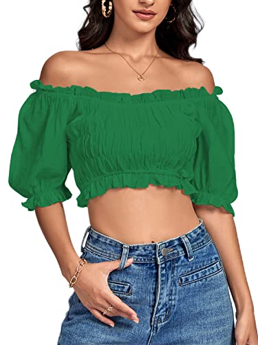 LYANER Damen Schulterfrei Rüschenbesatz Rüschen Kurzarm Bluse Crop Top, Grün , Klein von LYANER