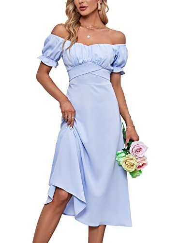 LYANER Damen Schulterfreies Wickelkleid Kleider mit Rüschen, Puffärmeln, gerüscht, mit Schnürung am Rücken, hellblau, Groß LYANER Damen Schulterfreies Wickelkleid Kleider mit Rüschen, Puffärmeln, gerüscht, mit Schnürung am Rücken, hellblau, Groß von LYANER
