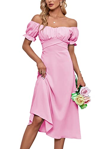 LYANER Damen Schulterfreies Wickelkleid mit Rüschen und Puff, kurze Ärmel, gerüscht, Raffung hinten, Babyrosa, Klein LYANER Damen Schulterfreies Wickelkleid mit Rüschen und Puff, kurze Ärmel, gerüscht, Raffung hinten, Babyrosa, Klein von LYANER