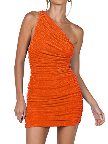 LYANER Damen Sexy One-Shoulder-Kleid, gerüscht, ärmellos, figurbetont, kurz, neon-orange, Groß von LYANER