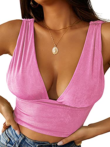 LYANER Damen Sexy Tiefer V-Ausschnitt Slim Fitted Strap Crop Cami Tank Ärmelloses Top, Pink, Groß von LYANER