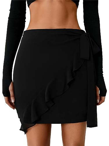 LYANER Damen Sommer Wrap Front Hohe Taille Selbstbinden Knoten Rüschen Kurz Mini Rock, Schwarz, Mittel von LYANER