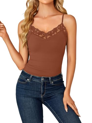 LYANER Damen Spitze V-Ausschnitt Camisole Verstellbarer Träger Cami Ärmellos Tank Unterhemd Top, Caramel, X-Groß von LYANER