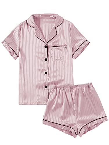 LYANER Damen Schlafanzug, gestreift, seidig, Satin, kurzärmelig, Oberteil mit Shorts, Nachtwäsche-Set, Champagnerrosa Nr. 2, M von LYANER