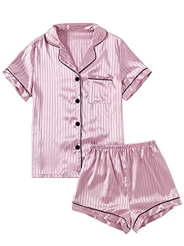 LYANER Damen Streifen Seidig Satin Pyjama Kurzarm Top mit Shorts Nachtwäsche PJ Set, Dusty Pink #2, M von LYANER