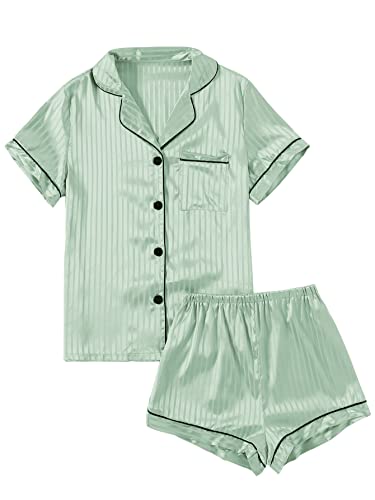 LYANER Damen Streifen Seidig Satin Pyjama Kurzarm Top mit Shorts Nachtwäsche PJ Set, Minzgrün #2, XS von LYANER