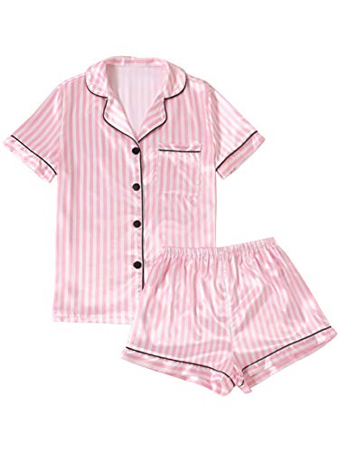 LYANER Damen Schlafanzug, gestreift, seidig, Satin, kurzärmelig, Oberteil mit Shorts, Nachtwäsche-Set, Pink, XL von LYANER