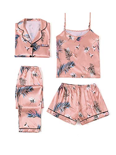 LYANER Damen Streifen Seidig Satin Pyjama Kurzarm Top mit Shorts Nachtwäsche PJ Set, rose, S von LYANER