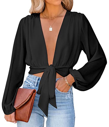 LYANER Damen Tiefer V-Ausschnitt Tie Front Knoten Langarm Sexy Wrap Crop Top Bluse, Einfarbig Schwarz, Groß von LYANER