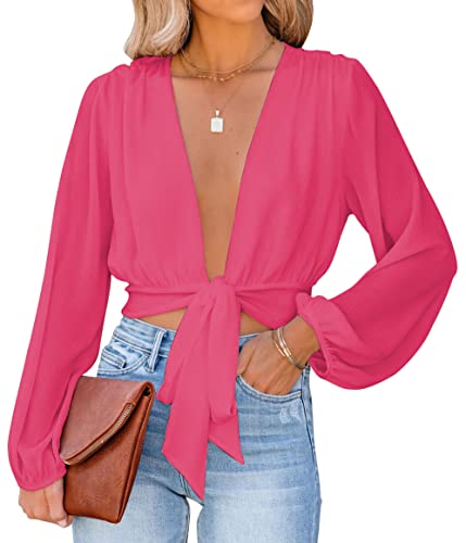 LYANER Damen Tiefer V-Ausschnitt Tie Front Knoten Langarm Sexy Wrap Crop Top Bluse, Rose, XX-Large von LYANER