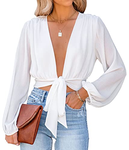 LYANER Damen Tiefer V-Ausschnitt Tie Front Knoten Langarm Sexy Wrap Crop Top Bluse, Weiss/opulenter Garten, Klein von LYANER