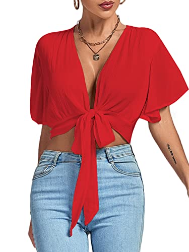 LYANER Damen Tiefer V-Ausschnitt Tie Front Knoten Wrap Rüschen Kurzarm Bauchfrei Crop Top Bluse, Rot/Ausflug, einfarbig (Getaway Solids), Klein von LYANER