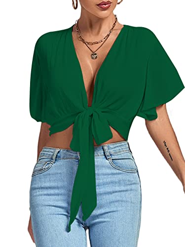 LYANER Damen Tiefer V-Ausschnitt Tie Front Knoten Wrap Rüschen Kurzarm Crop Top Bluse, Dunkelgrün, Mittel LYANER Damen Tiefer V-Ausschnitt Tie Front Knoten Wrap Rüschen Kurzarm Crop Top Bluse, Dunkelgrün, Mittel von LYANER