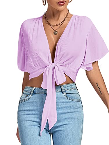 LYANER Damen Tiefer V-Ausschnitt Tie Front Knoten Wrap Rüschen Kurzarm Crop Top Bluse, Helles Violett, Klein von LYANER