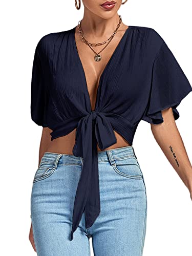 LYANER Damen Tiefer V-Ausschnitt Tie Front Knoten Wrap Rüschen Kurzarm Crop Top Bluse, Marineblau, Mittel von LYANER