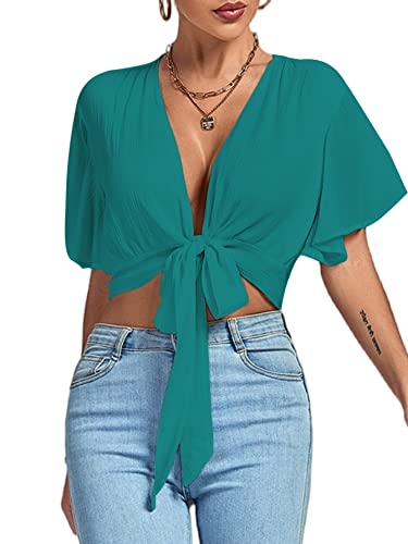 LYANER Damen Tiefer V-Ausschnitt Tie Front Knoten Wrap Rüschen Kurzarm Crop Top Bluse, Seeblau, Groß von LYANER