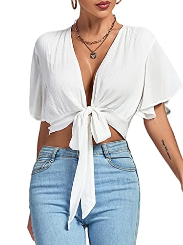 LYANER Damen Tiefer V-Ausschnitt Tie Front Knoten Wrap Rüschen Kurzarm Crop Top Bluse, reines Weiß, X-Groß von LYANER